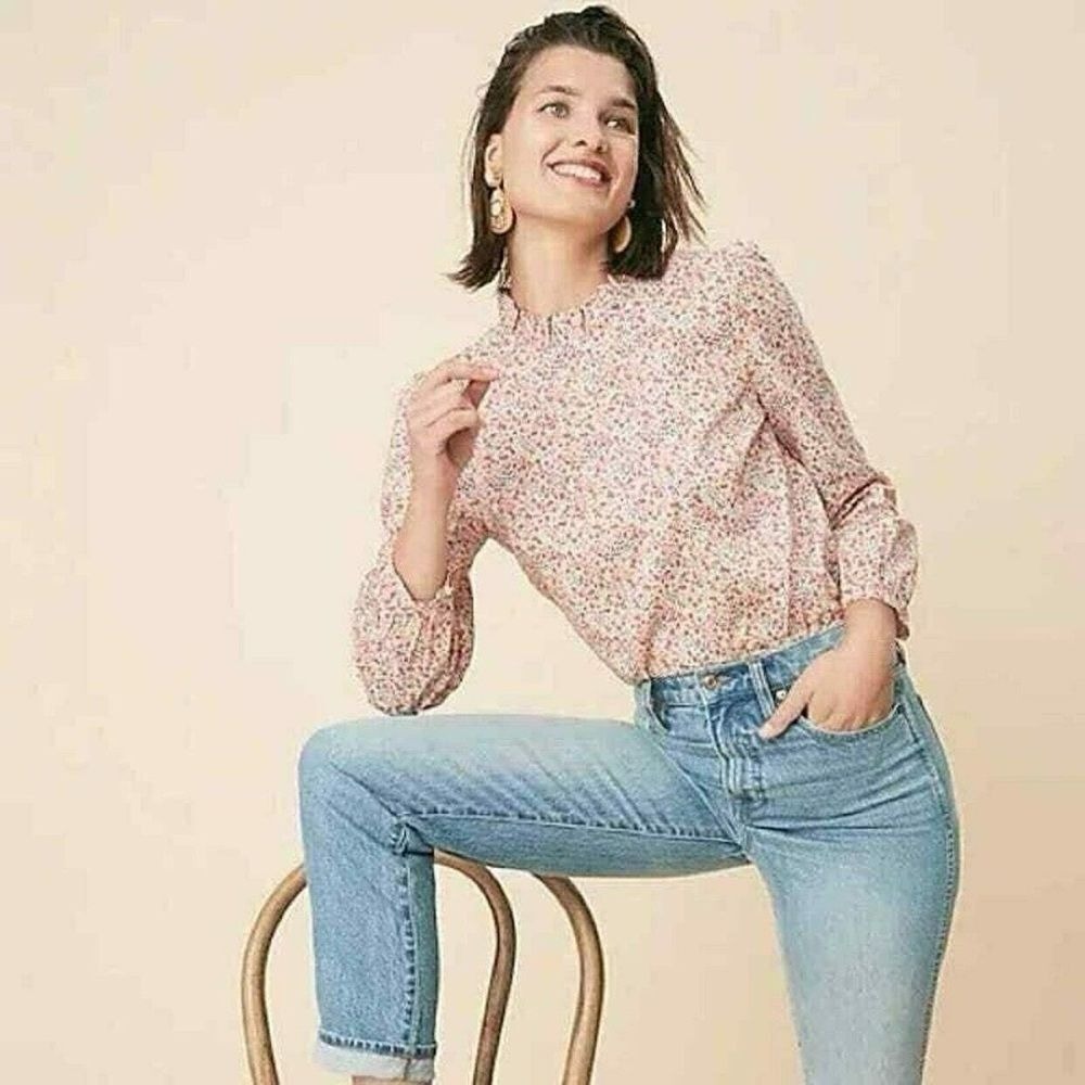 J. Crew Women's Liberty Fabric Ditzy Floral Ruffle Neck Long Sleeve‎ Blouse- S